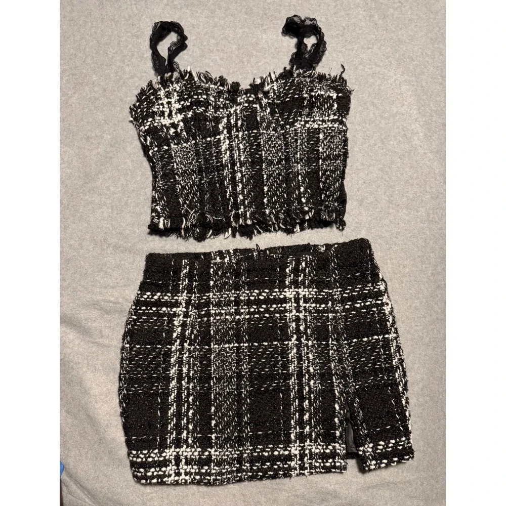 Black White Plaid Tweed Two Piece Set Lace Strap Bustier Top and Mini Skirt
